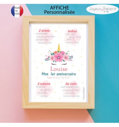 Affiche 1er anniversaire fille licorne