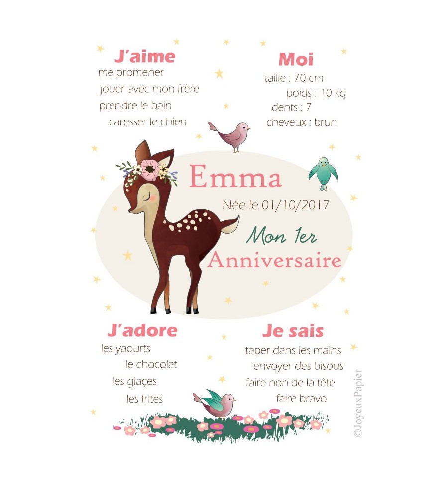 Affiche personnalisée biche 1er anniversaire petite fille
