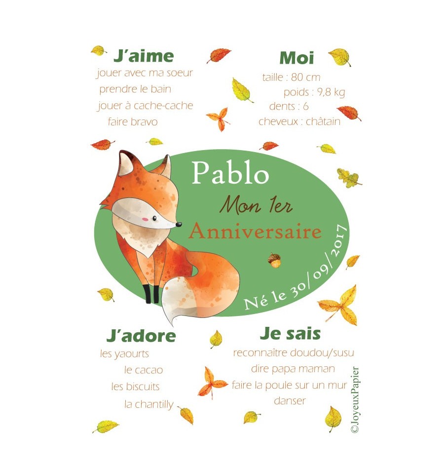 Affiche Personnalisee Premier Anniversaire Garcon Theme Renard