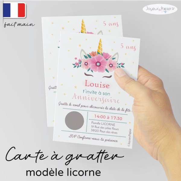 Carte à gratter invitation d'anniversaire thème licorne fille