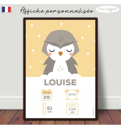 Affiche naissance bébé chouette hibou