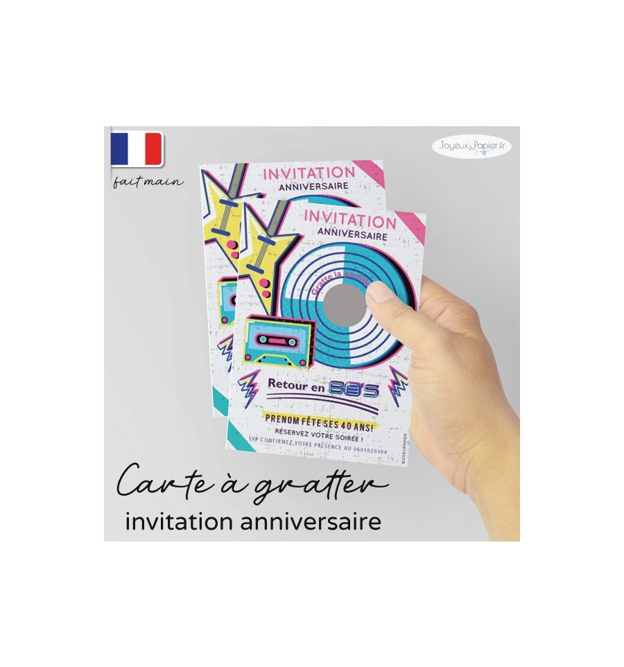 Carte à gratter invitation adulte année 80 anniversaire rapide