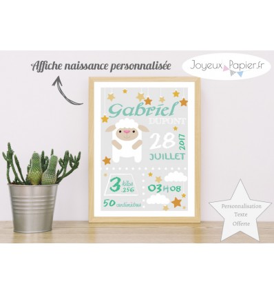 Affiche naissance mouton gris vert