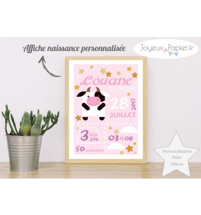 Affiche naissance garçon vache rose