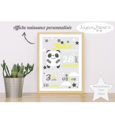 Affiche naissance panda gris jaune