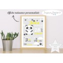 Affiche naissance panda gris jaune