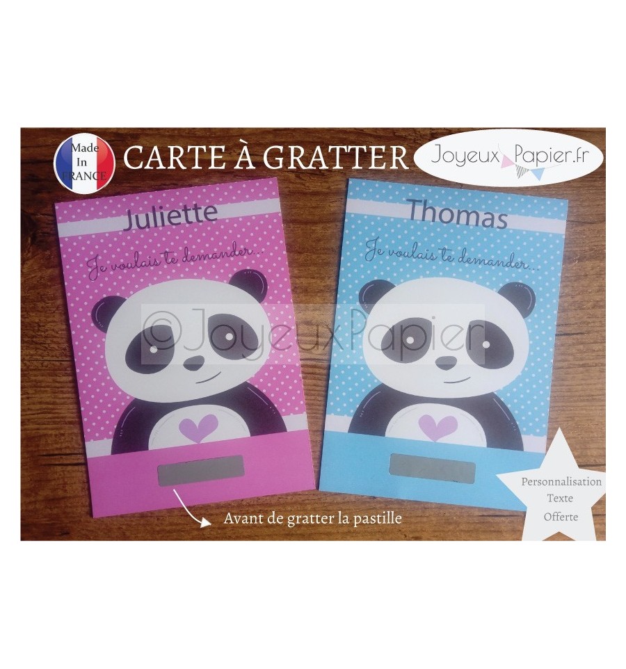 3€ Jolie carte à gratter demande parrain marraine panda rose ou bleu