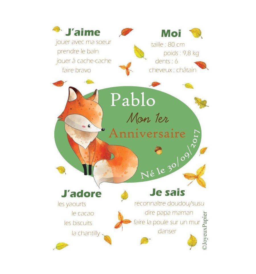Affiche 1er anniversaire garçon renard