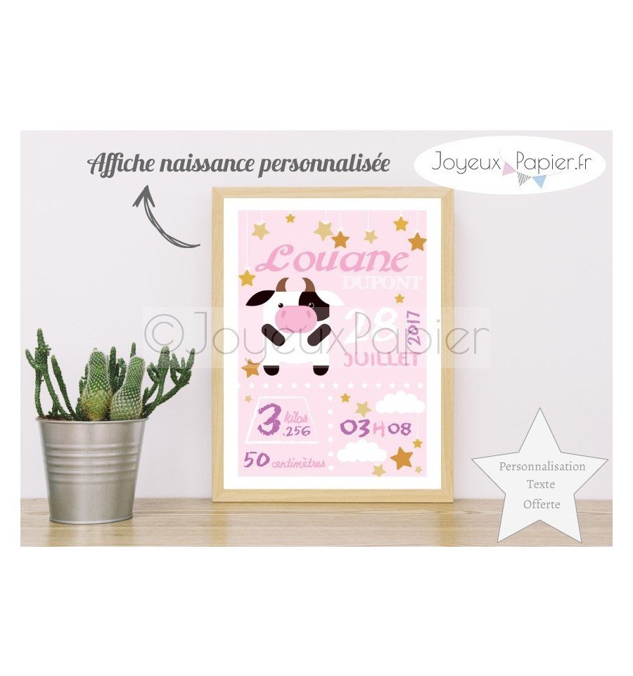 Affiche naissance fille vache rose