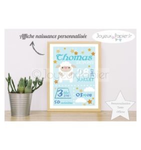 Affiche naissance garçon mouton gris vert
