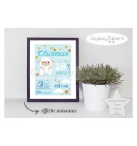 Affiche naissance garçon mouton gris vert