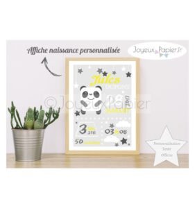 Affiche naissance panda gris jaune