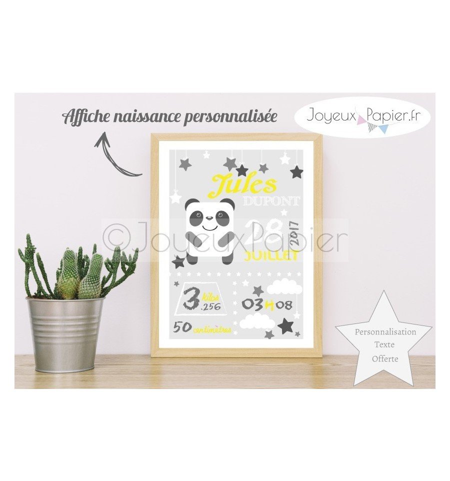Affiche naissance panda gris jaune
