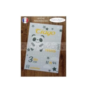 Affiche naissance panda gris jaune