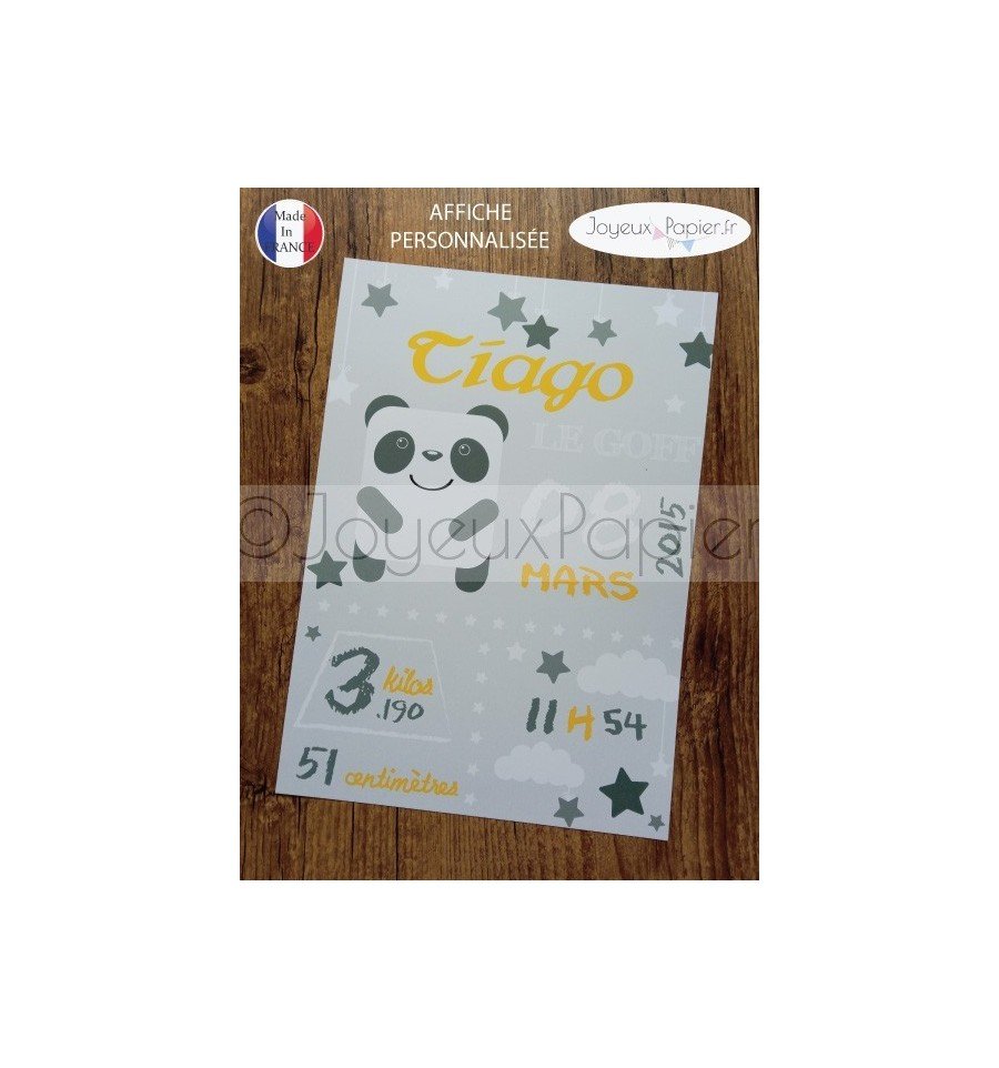 Affiche naissance panda gris jaune