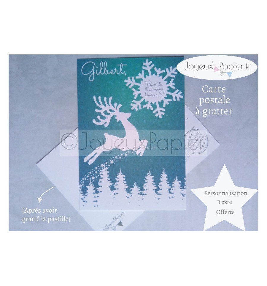 Carte à gratter personnalisé annonce bonne nouvelle modèle cerf Noël
