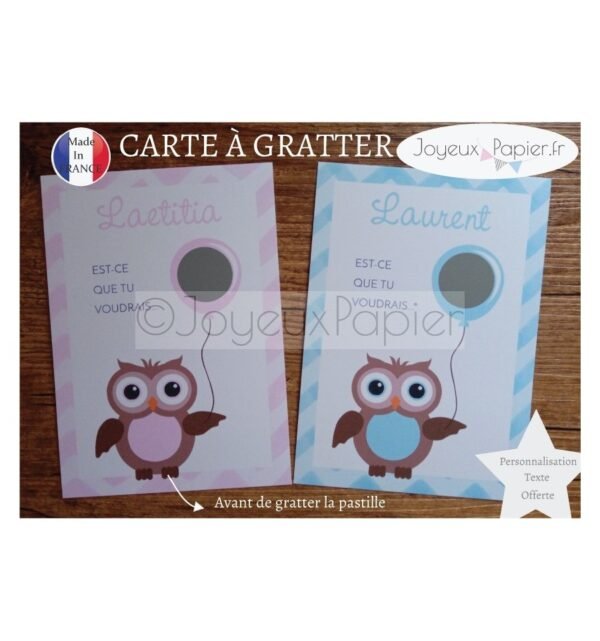 Carte à gratter demande parrain marraine modèle hibou – JoyeuxPapier