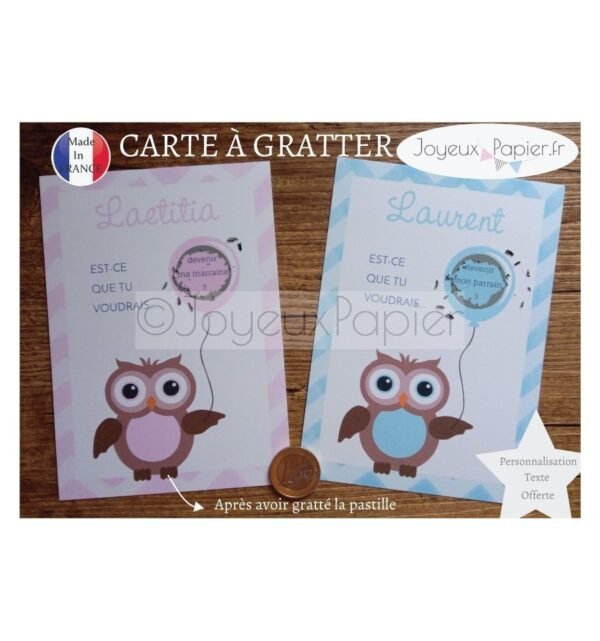 Carte à gratter demande parrain marraine modèle hibou – JoyeuxPapier