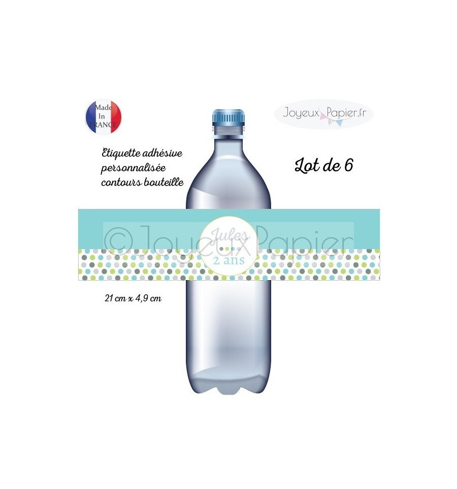 Etiquette bouteille personnalisée pois bleu anis gris