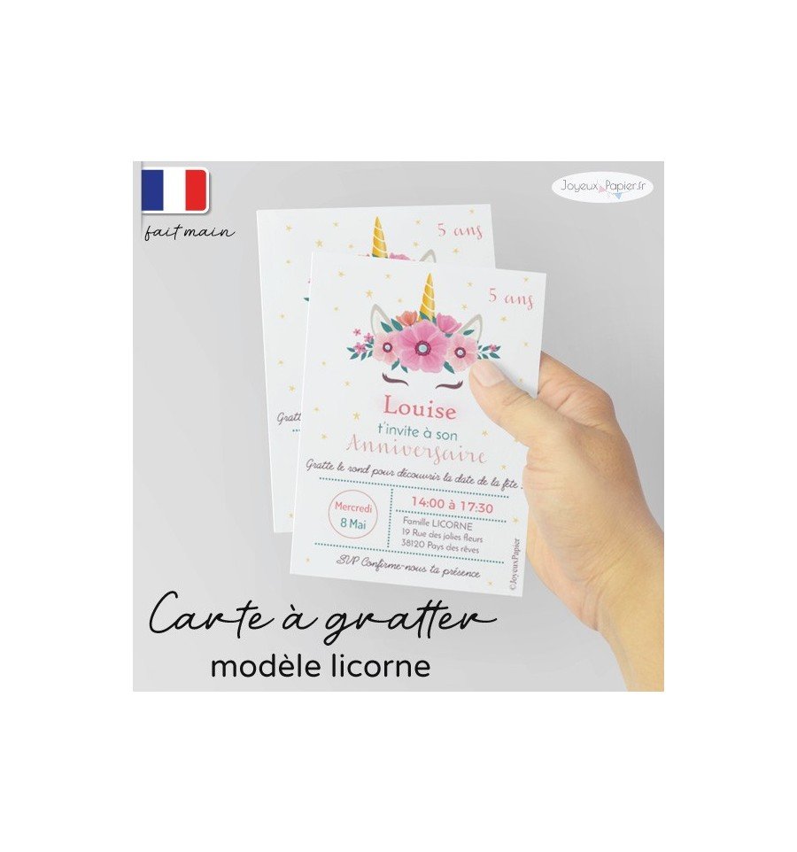 Carte à gratter invitation anniversaire licorne