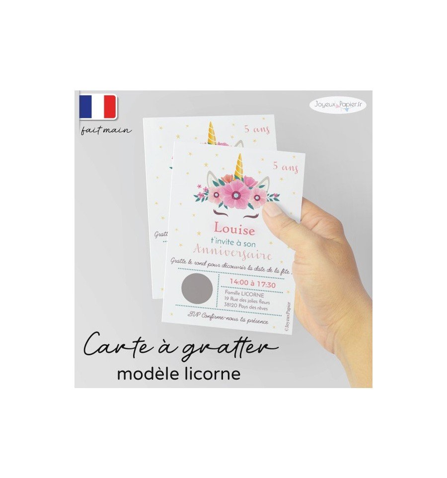 Carte à gratter invitation anniversaire licorne