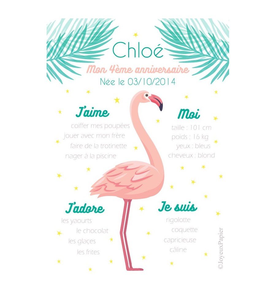 Affiche anniversaire fille flamant rose