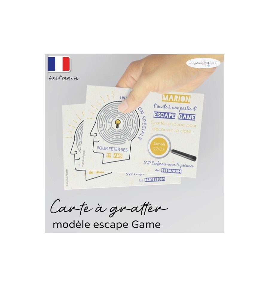 Carte invitation escape game date à gratter