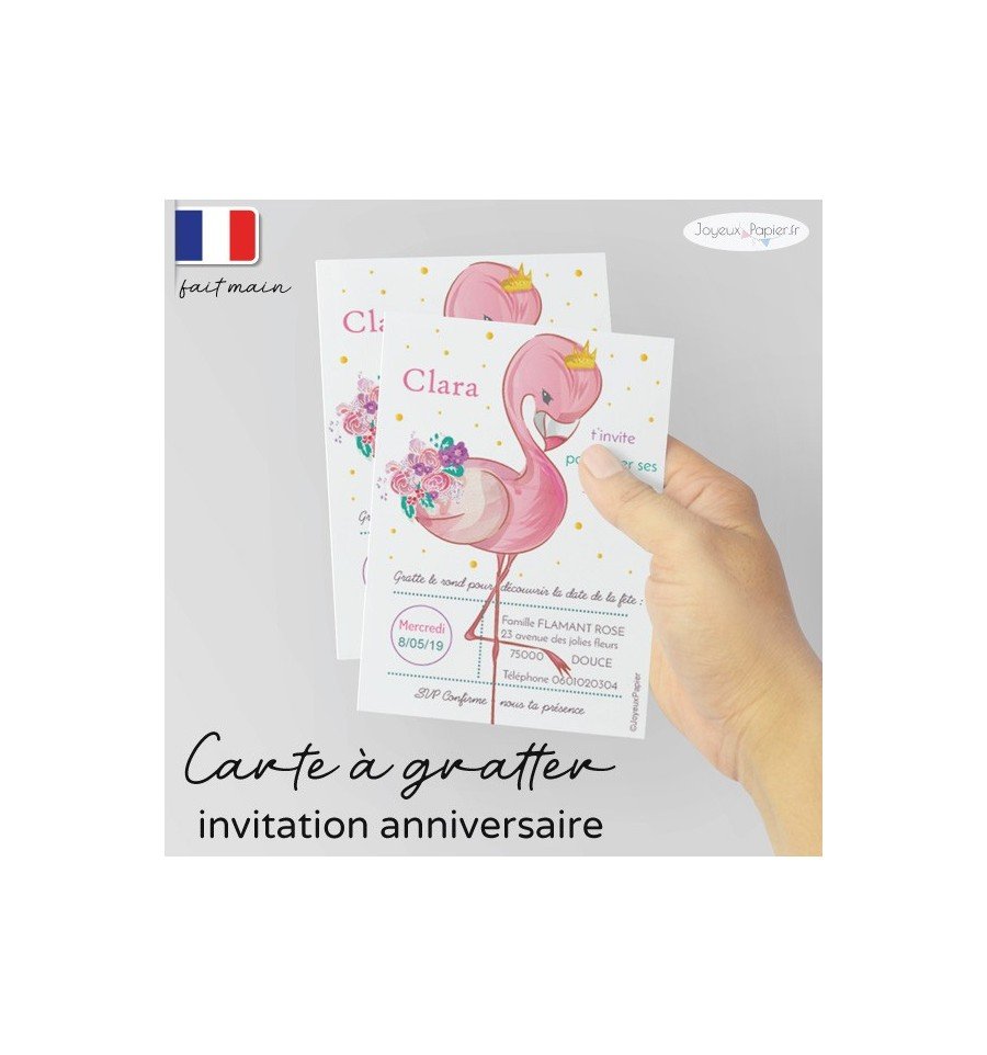 Carte à gratter invitation anniversaire flamant rose